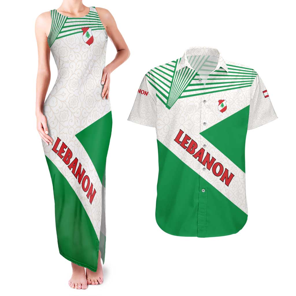 Lebanon Flag Shield Couples Matching Tank Maxi Dress and Hawaiian Shirt with Cedar Emblem and National Colors