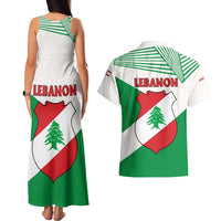 Lebanon Flag Shield Couples Matching Tank Maxi Dress and Hawaiian Shirt with Cedar Emblem and National Colors