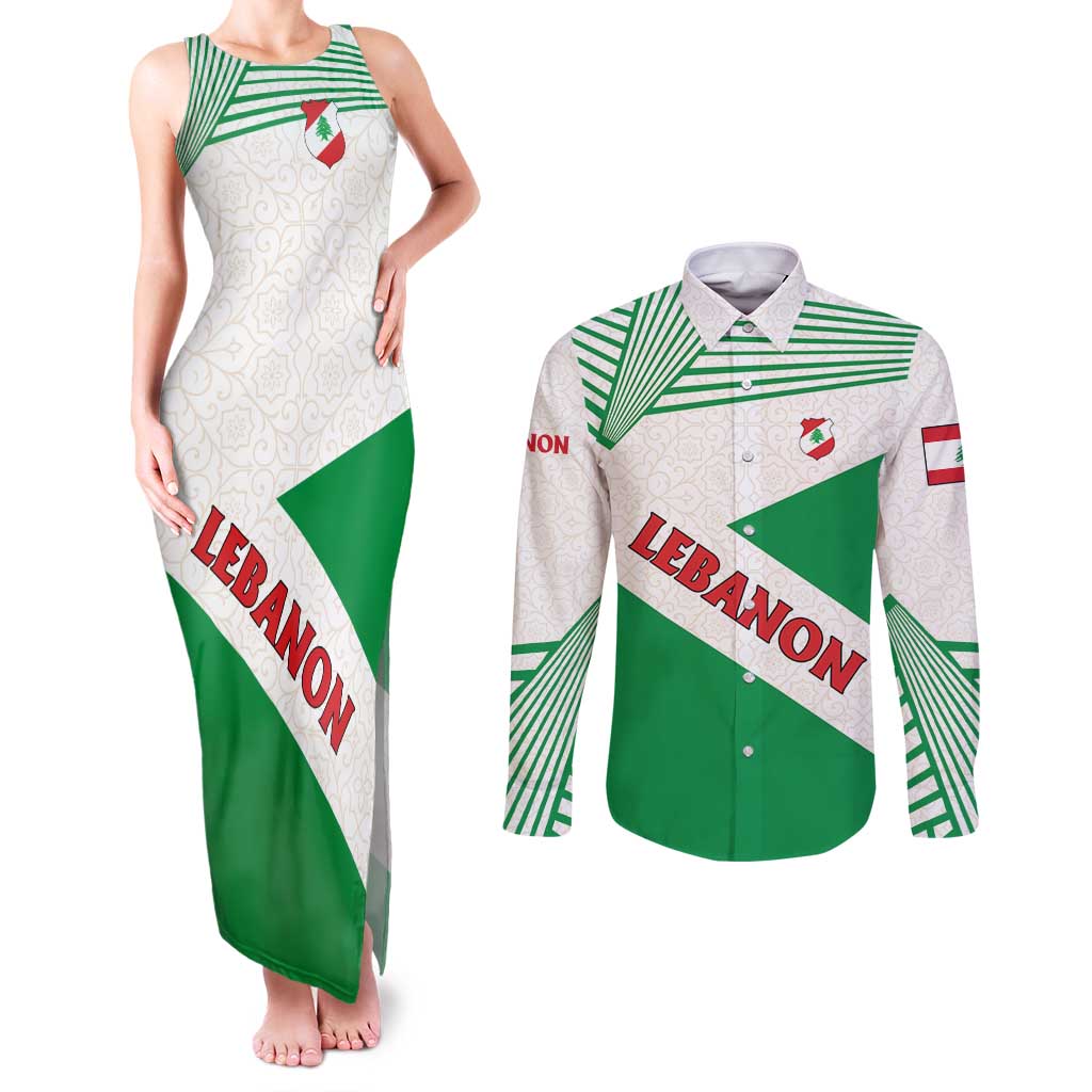 Lebanon Flag Shield Couples Matching Tank Maxi Dress and Long Sleeve Button Shirt with Cedar Emblem and National Colors