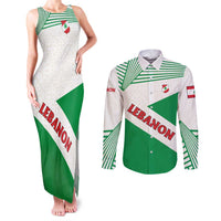 Lebanon Flag Shield Couples Matching Tank Maxi Dress and Long Sleeve Button Shirt with Cedar Emblem and National Colors