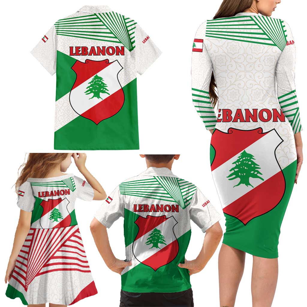 Lebanon Flag Shield Family Matching Long Sleeve Bodycon Dress and Hawaiian Shirt with Cedar Emblem and National Colors