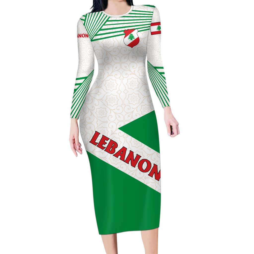 Lebanon Flag Shield Family Matching Long Sleeve Bodycon Dress and Hawaiian Shirt with Cedar Emblem and National Colors