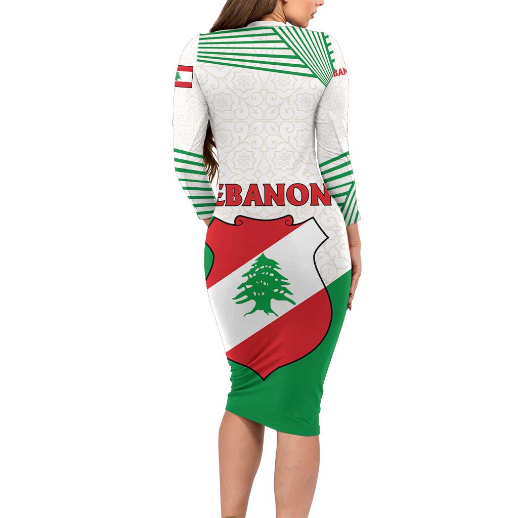 Lebanon Flag Shield Family Matching Long Sleeve Bodycon Dress and Hawaiian Shirt with Cedar Emblem and National Colors