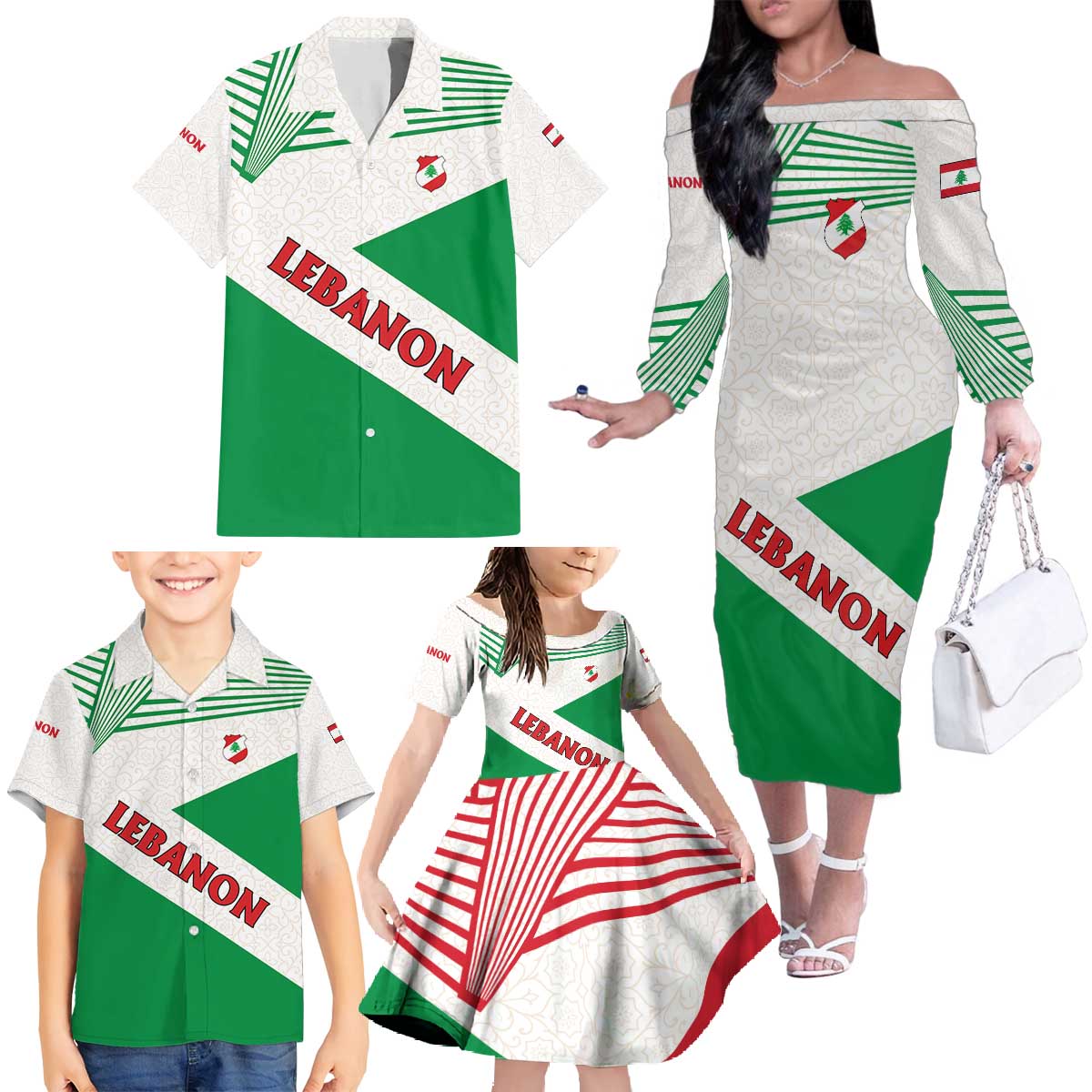 Lebanon Flag Shield Family Matching Off The Shoulder Long Sleeve Dress and Hawaiian Shirt with Cedar Emblem and National Colors