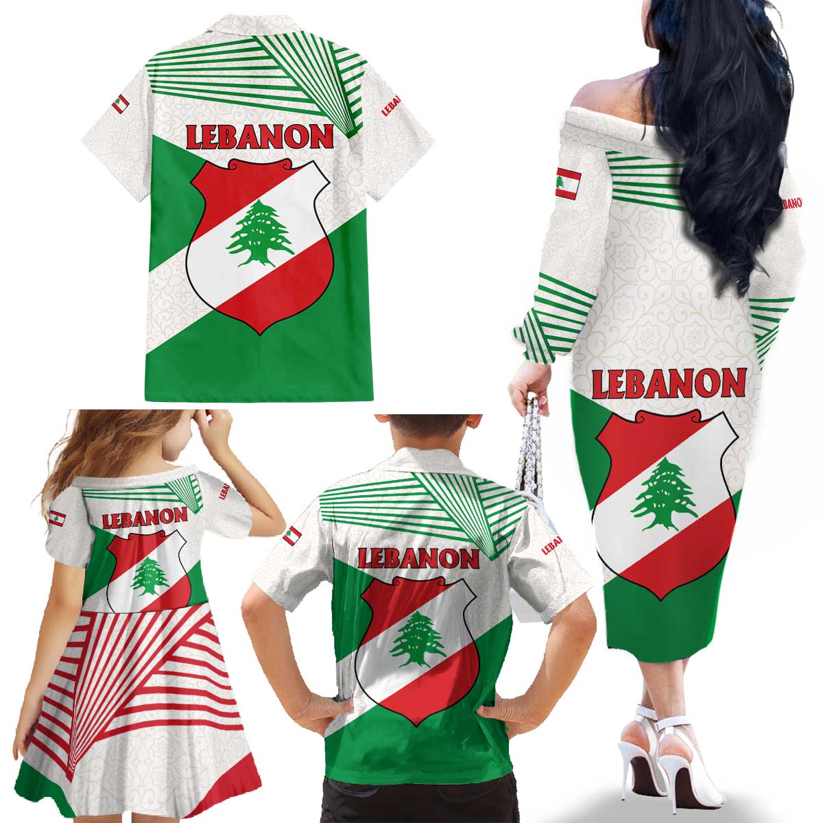 Lebanon Flag Shield Family Matching Off The Shoulder Long Sleeve Dress and Hawaiian Shirt with Cedar Emblem and National Colors