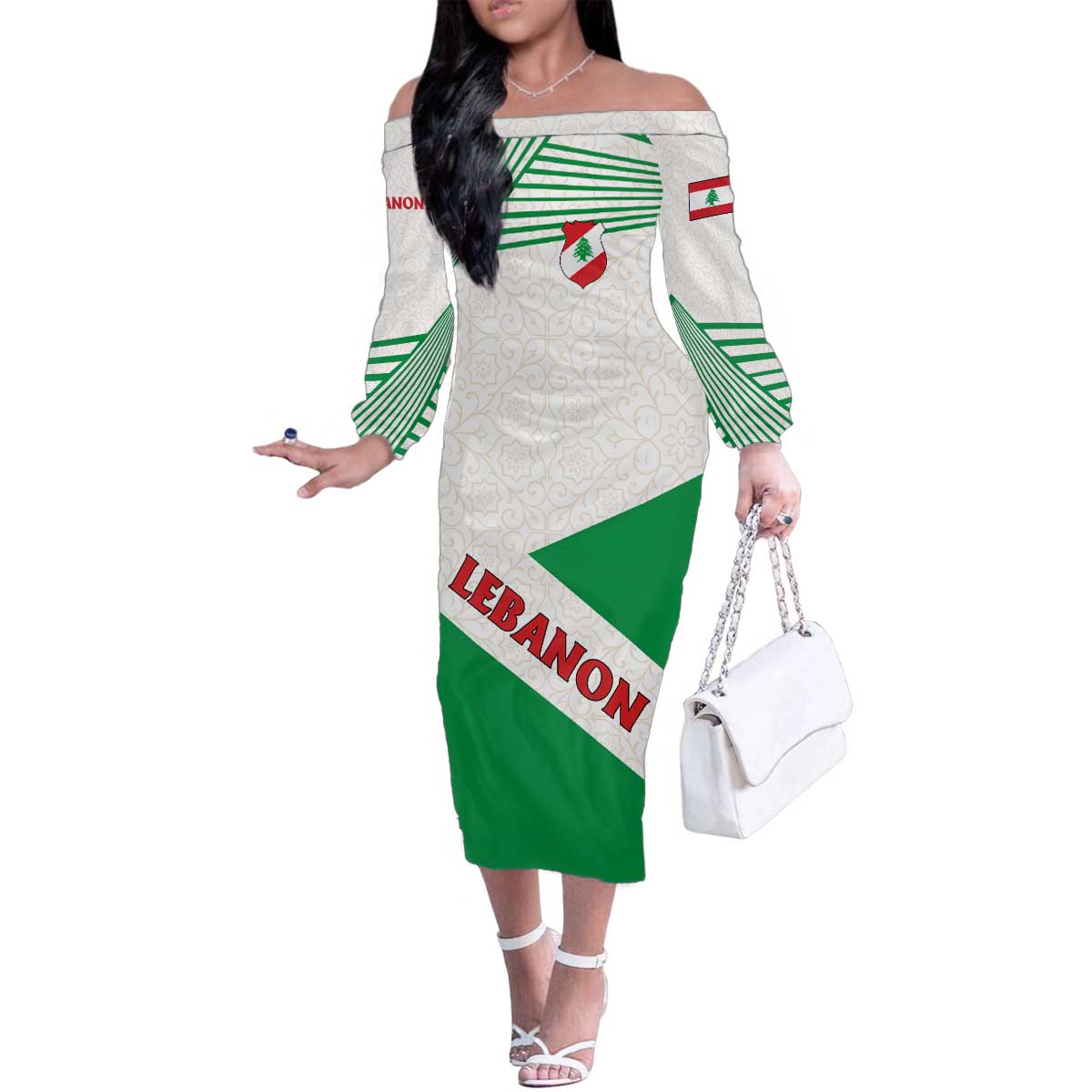 Lebanon Flag Shield Family Matching Off The Shoulder Long Sleeve Dress and Hawaiian Shirt with Cedar Emblem and National Colors