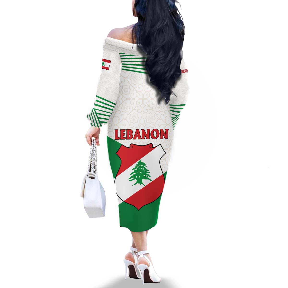 Lebanon Flag Shield Family Matching Off The Shoulder Long Sleeve Dress and Hawaiian Shirt with Cedar Emblem and National Colors