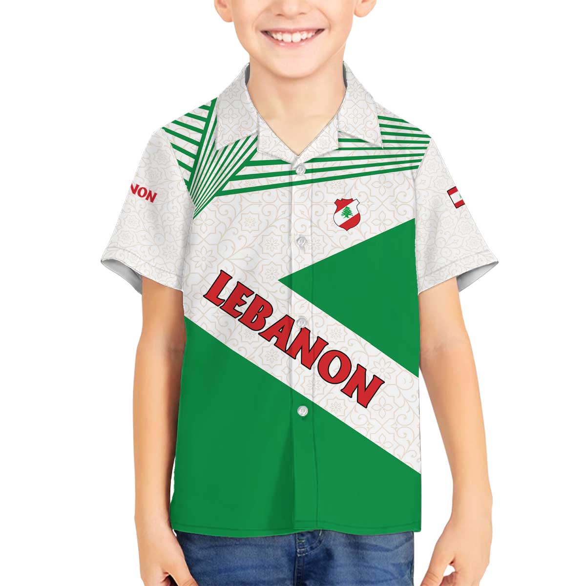 Lebanon Flag Shield Family Matching Off The Shoulder Long Sleeve Dress and Hawaiian Shirt with Cedar Emblem and National Colors