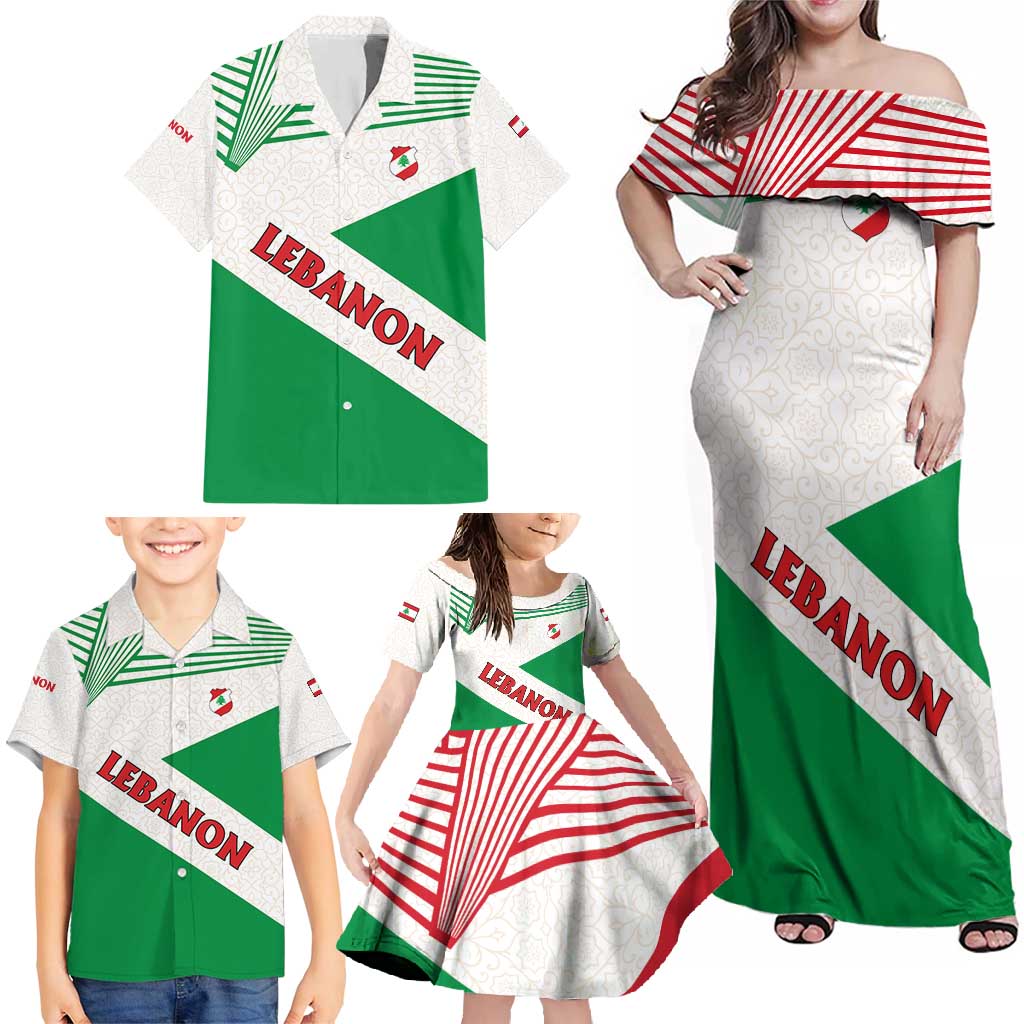 Lebanon Flag Shield Family Matching Off Shoulder Maxi Dress and Hawaiian Shirt with Cedar Emblem and National Colors