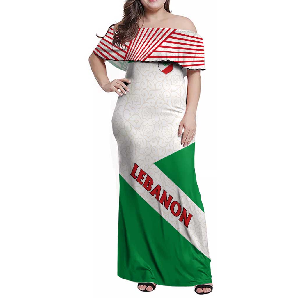 Lebanon Flag Shield Family Matching Off Shoulder Maxi Dress and Hawaiian Shirt with Cedar Emblem and National Colors