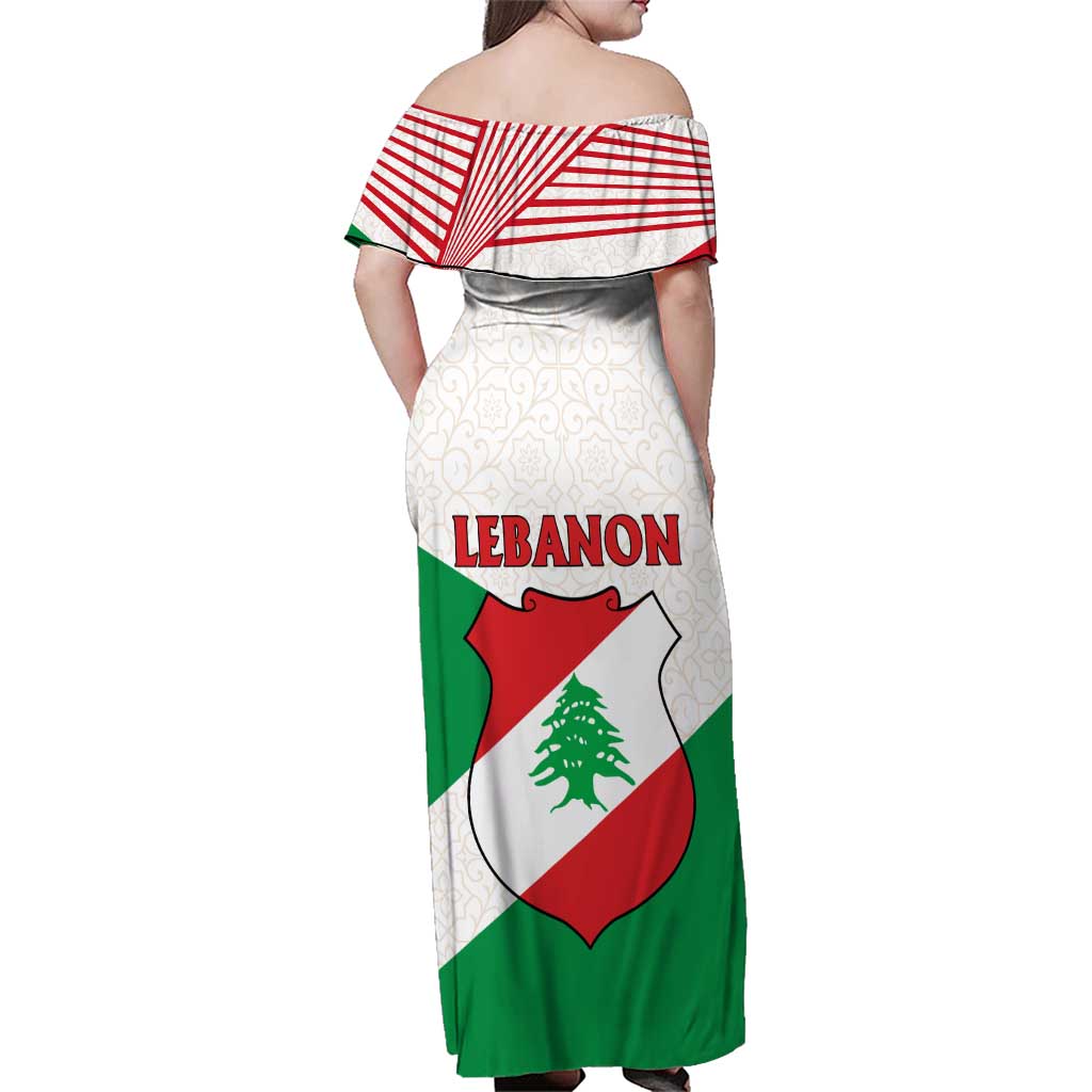 Lebanon Flag Shield Family Matching Off Shoulder Maxi Dress and Hawaiian Shirt with Cedar Emblem and National Colors