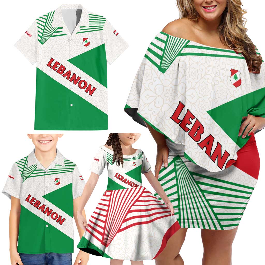 Lebanon Flag Shield Family Matching Off Shoulder Short Dress and Hawaiian Shirt with Cedar Emblem and National Colors