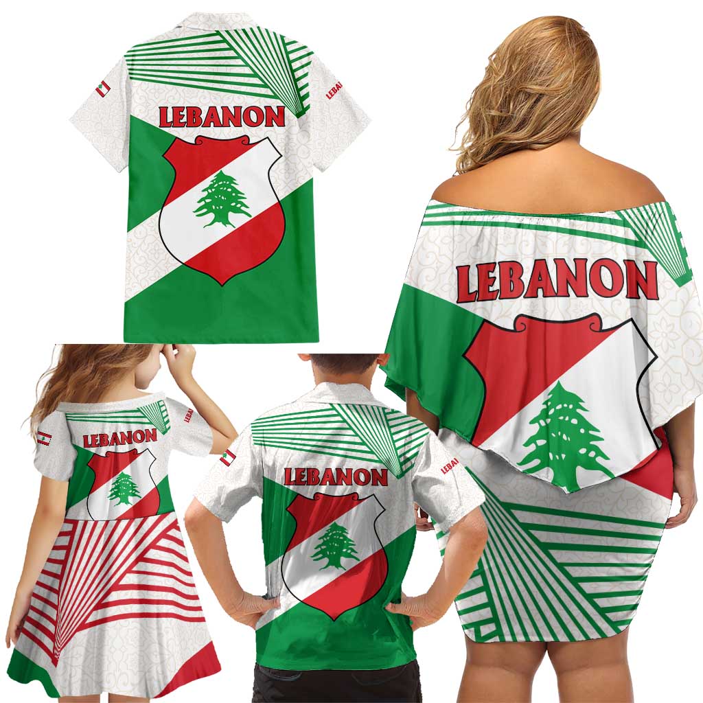 Lebanon Flag Shield Family Matching Off Shoulder Short Dress and Hawaiian Shirt with Cedar Emblem and National Colors