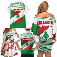 Lebanon Flag Shield Family Matching Off Shoulder Short Dress and Hawaiian Shirt with Cedar Emblem and National Colors