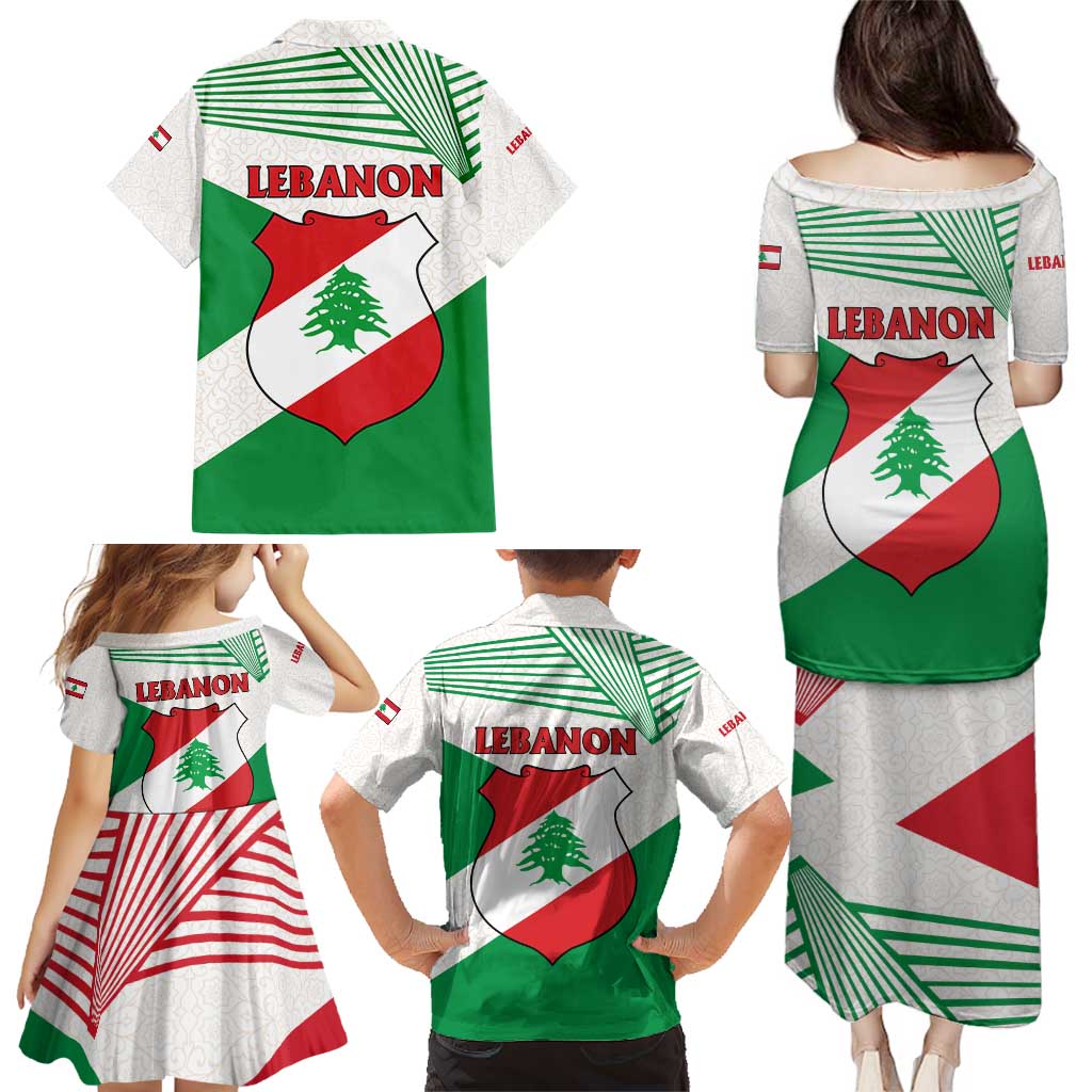 Lebanon Flag Shield Family Matching Puletasi and Hawaiian Shirt with Cedar Emblem and National Colors