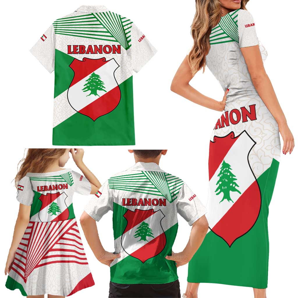 Lebanon Flag Shield Family Matching Short Sleeve Bodycon Dress and Hawaiian Shirt with Cedar Emblem and National Colors