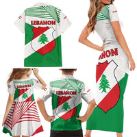 Lebanon Flag Shield Family Matching Short Sleeve Bodycon Dress and Hawaiian Shirt with Cedar Emblem and National Colors