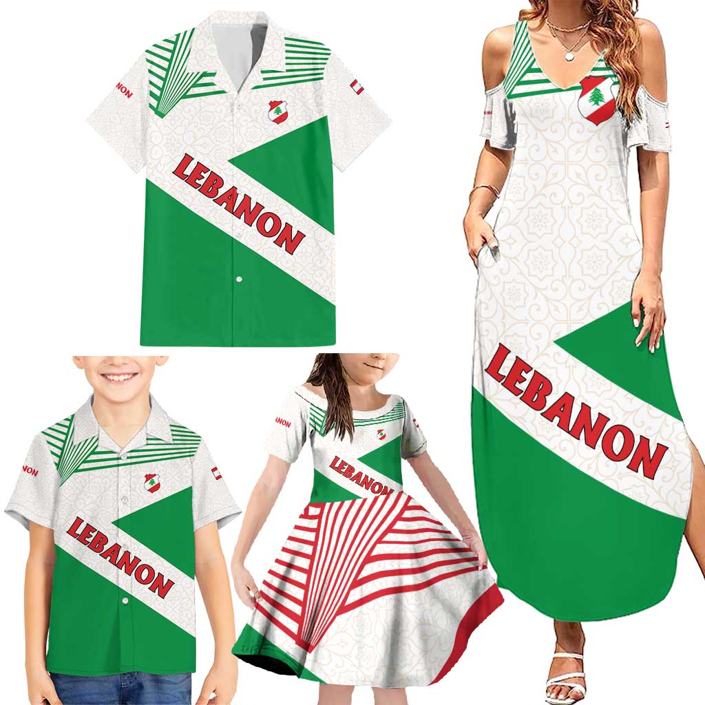 Lebanon Flag Shield Family Matching Summer Maxi Dress and Hawaiian Shirt with Cedar Emblem and National Colors