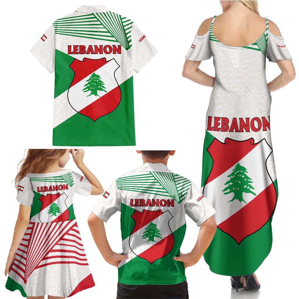 Lebanon Flag Shield Family Matching Summer Maxi Dress and Hawaiian Shirt with Cedar Emblem and National Colors