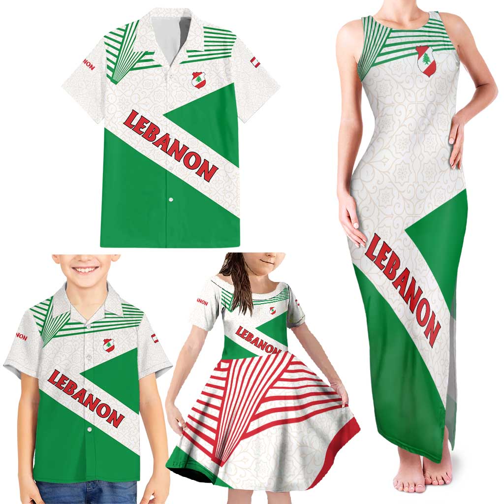 Lebanon Flag Shield Family Matching Tank Maxi Dress and Hawaiian Shirt with Cedar Emblem and National Colors