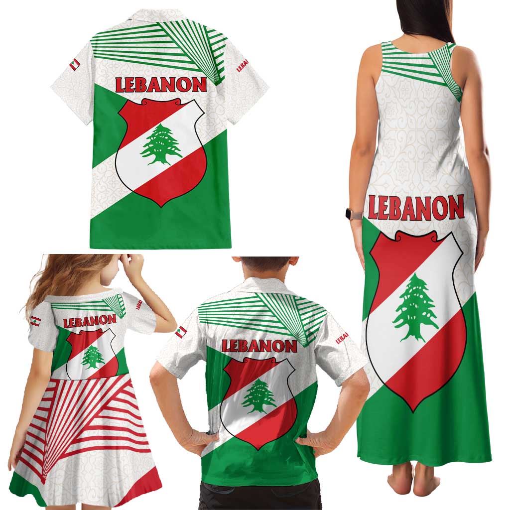 Lebanon Flag Shield Family Matching Tank Maxi Dress and Hawaiian Shirt with Cedar Emblem and National Colors