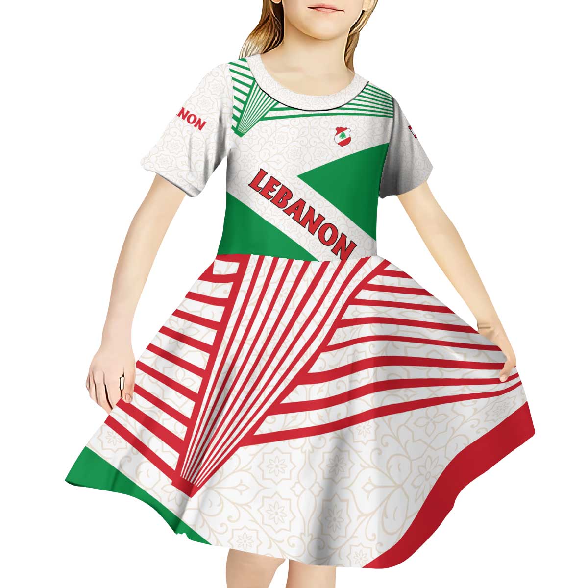 Lebanon Flag Shield Kid Short Sleeve Dress with Cedar Emblem and National Colors