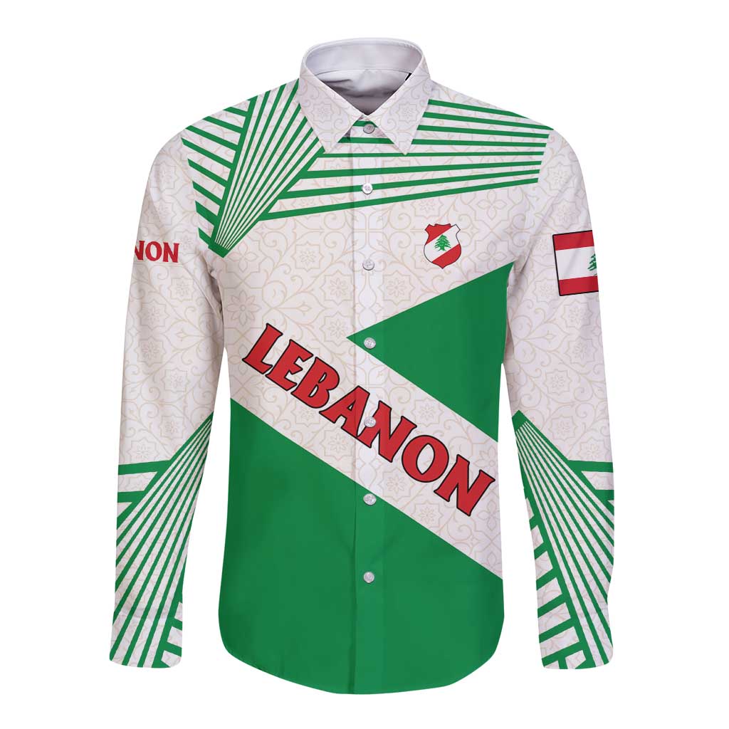 Lebanon Flag Shield Long Sleeve Button Shirt with Cedar Emblem and National Colors