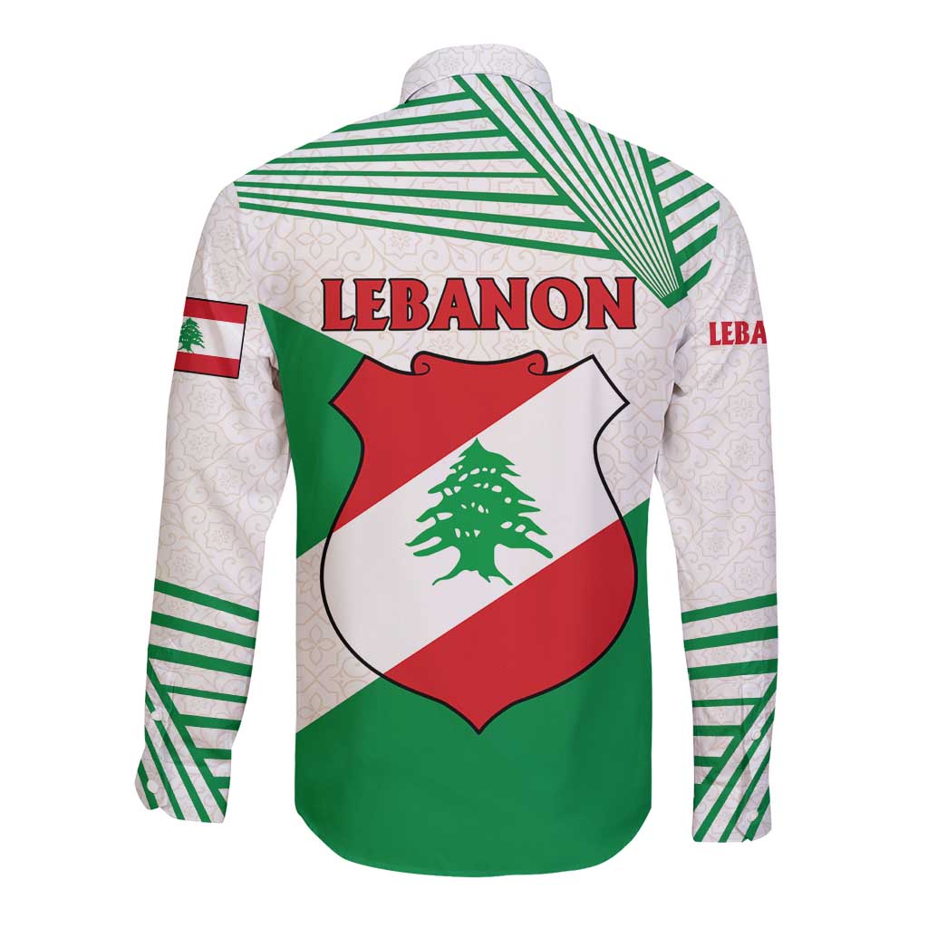 Lebanon Flag Shield Long Sleeve Button Shirt with Cedar Emblem and National Colors
