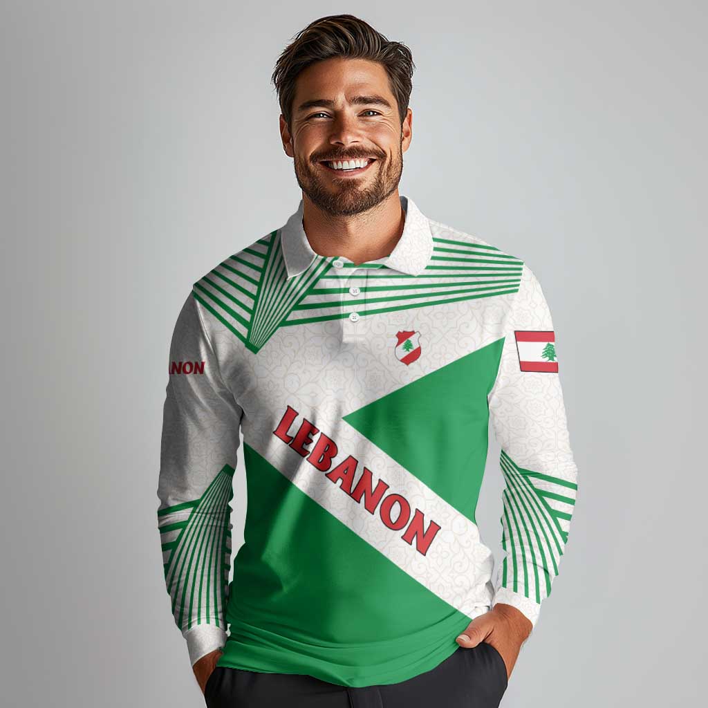 Lebanon Flag Shield Long Sleeve Polo Shirt with Cedar Emblem and National Colors