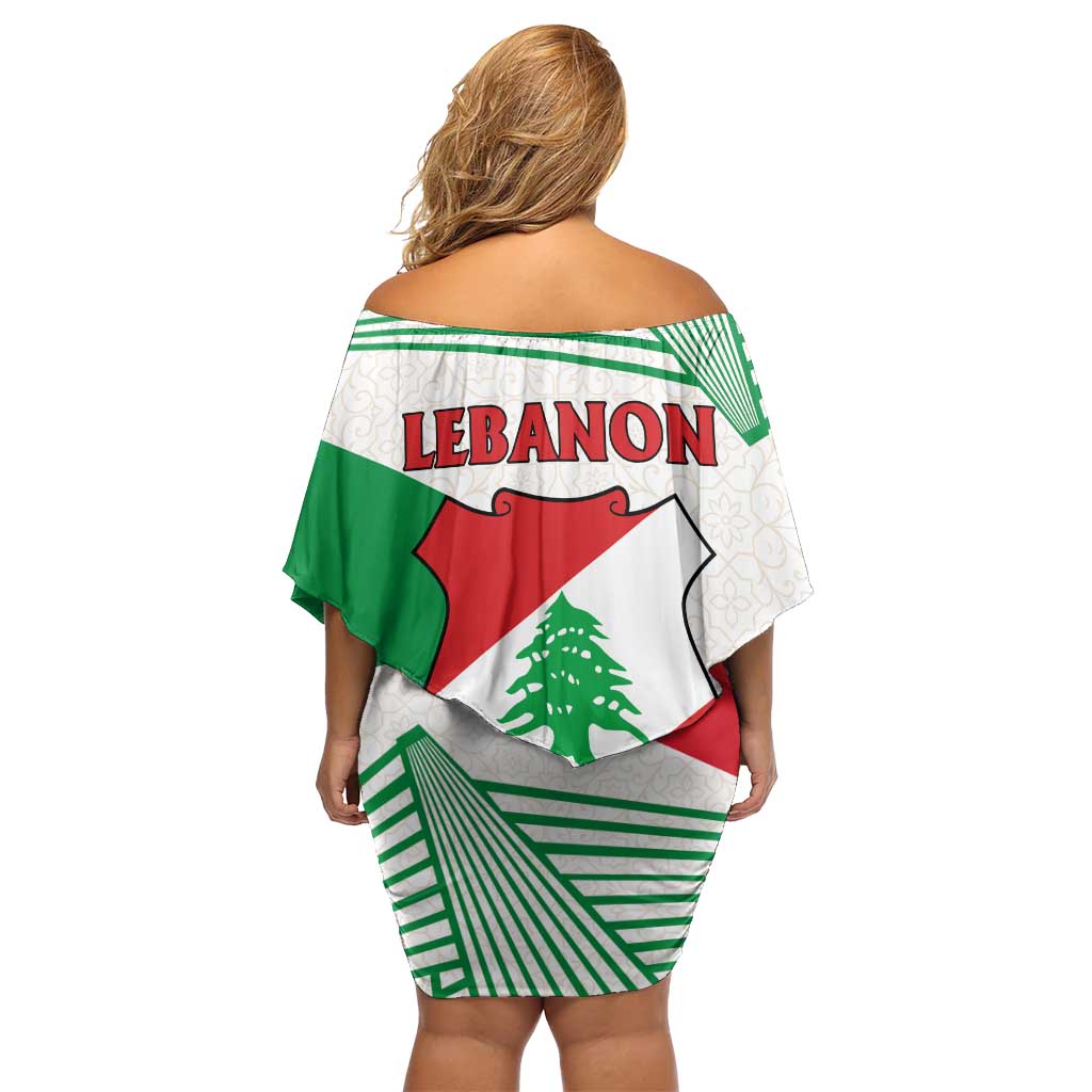 Lebanon Flag Shield Off Shoulder Short Dress with Cedar Emblem and National Colors
