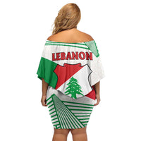Lebanon Flag Shield Off Shoulder Short Dress with Cedar Emblem and National Colors
