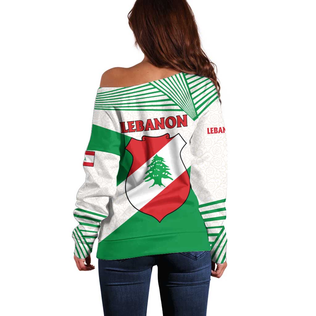 Lebanon Flag Shield Off Shoulder Sweater with Cedar Emblem and National Colors