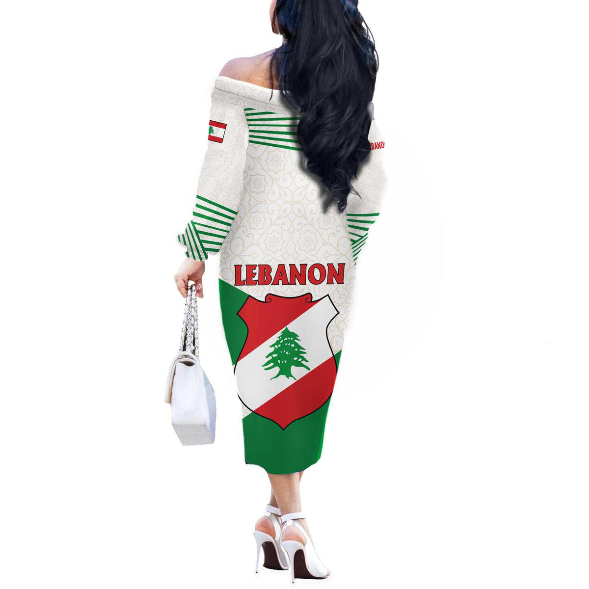 Lebanon Flag Shield Off The Shoulder Long Sleeve Dress with Cedar Emblem and National Colors