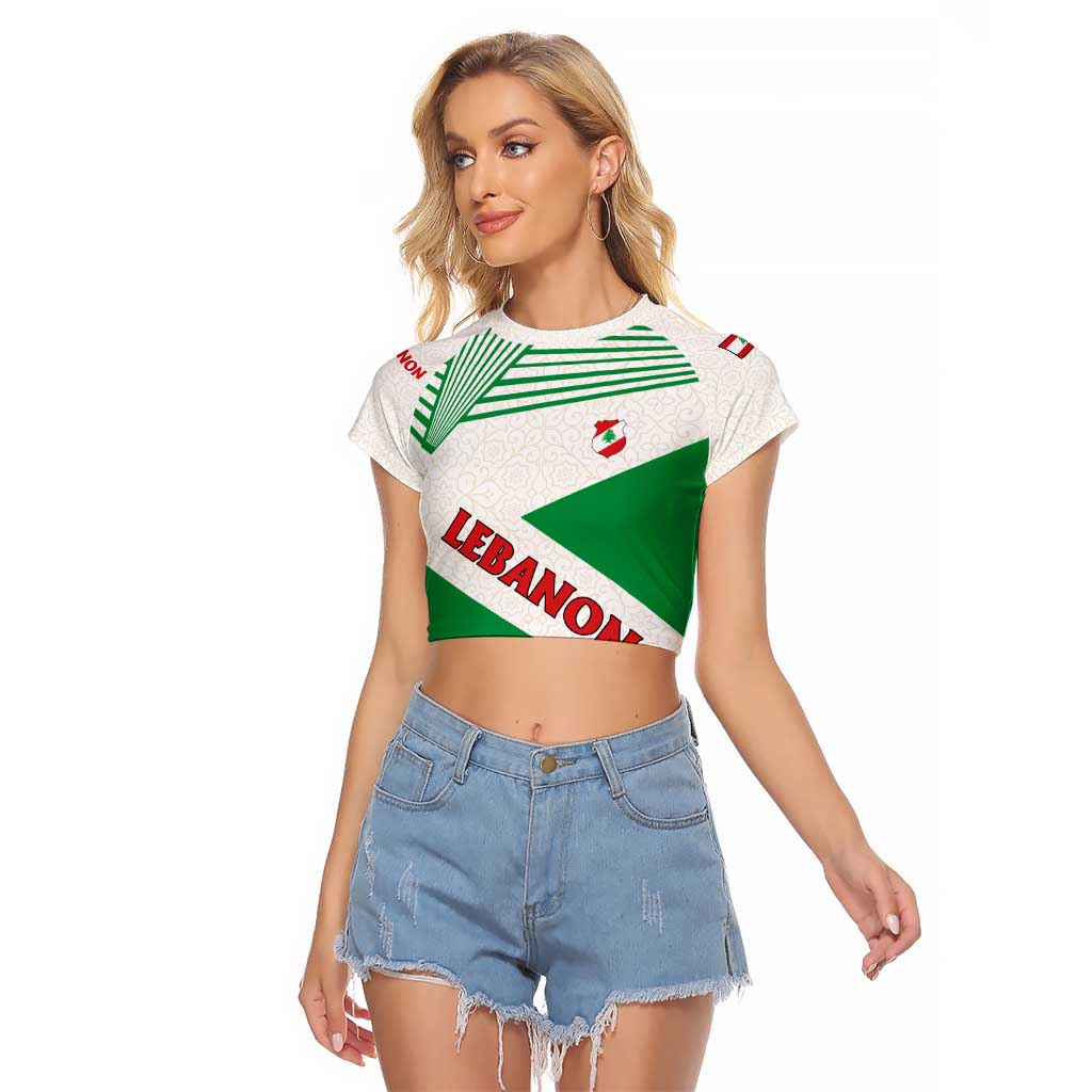 Lebanon Flag Shield Raglan Cropped T Shirt with Cedar Emblem and National Colors