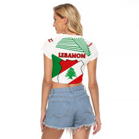Lebanon Flag Shield Raglan Cropped T Shirt with Cedar Emblem and National Colors