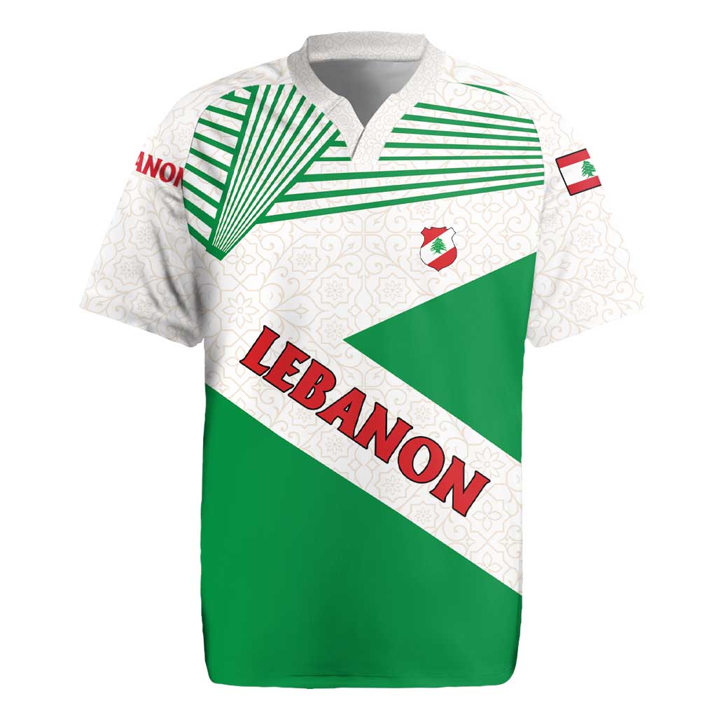 Lebanon Flag Shield Rugby Jersey with Cedar Emblem and National Colors