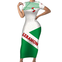 Lebanon Flag Shield Short Sleeve Bodycon Dress with Cedar Emblem and National Colors