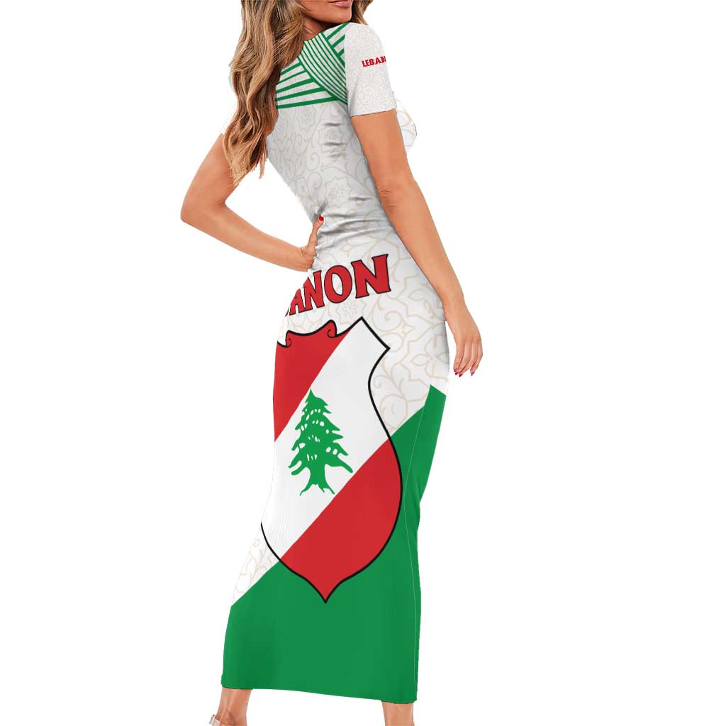 Lebanon Flag Shield Short Sleeve Bodycon Dress with Cedar Emblem and National Colors