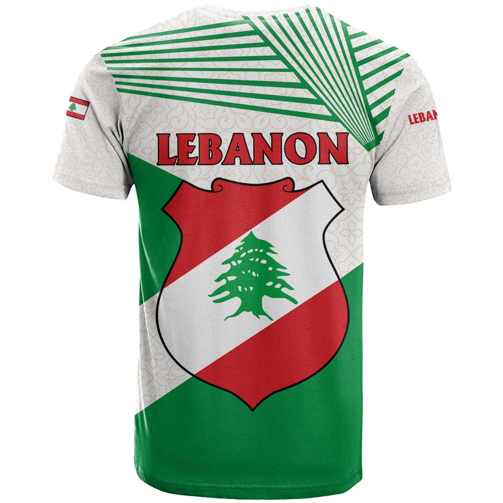 Lebanon Flag Shield T Shirt with Cedar Emblem and National Colors
