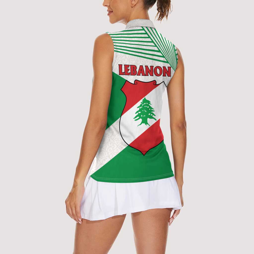 Lebanon Flag Shield Women Sleeveless Polo Shirt with Cedar Emblem and National Colors