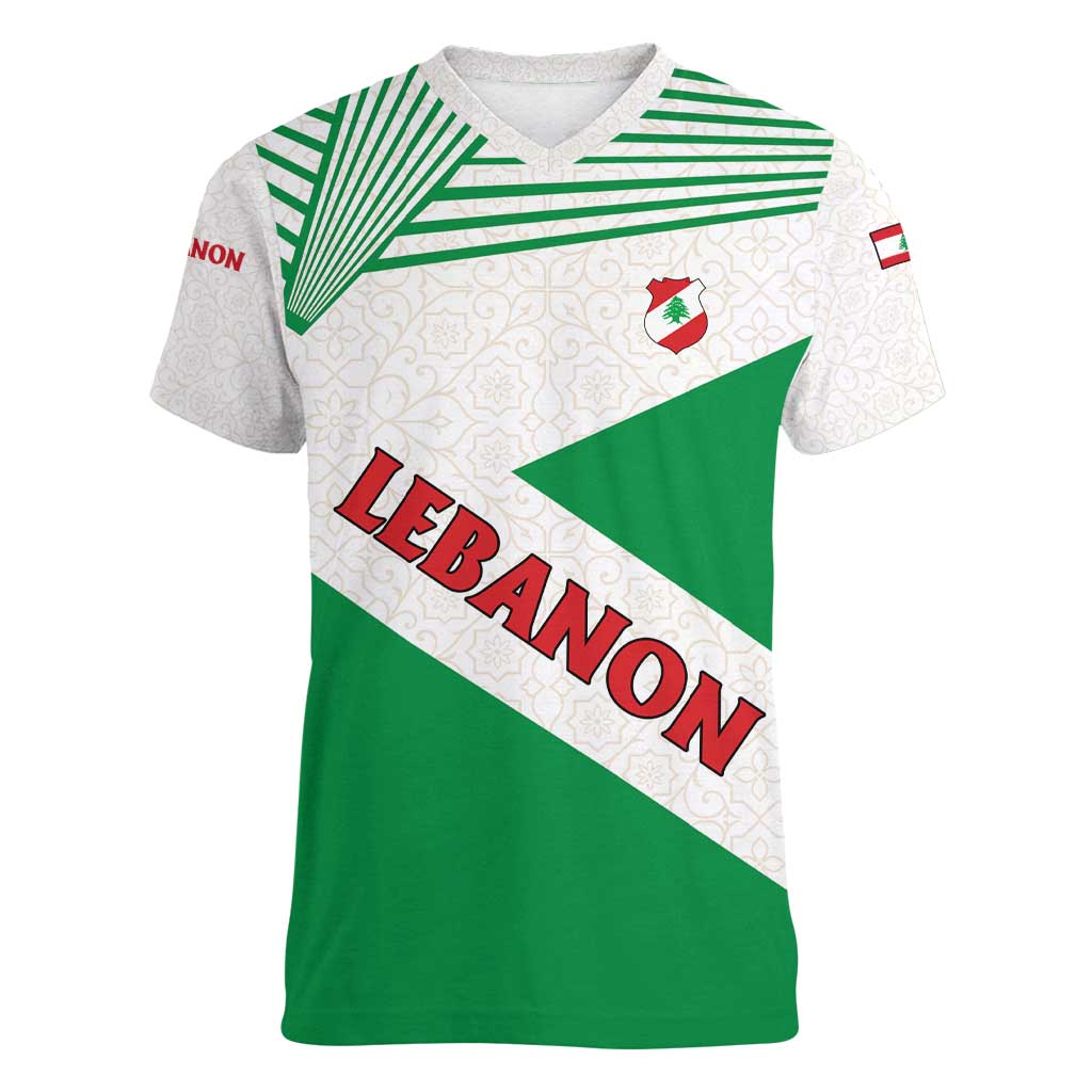 Lebanon Flag Shield Women V-Neck T-Shirt with Cedar Emblem and National Colors