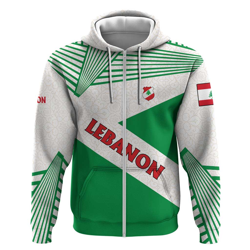 Lebanon Flag Shield Zip Hoodie with Cedar Emblem and National Colors
