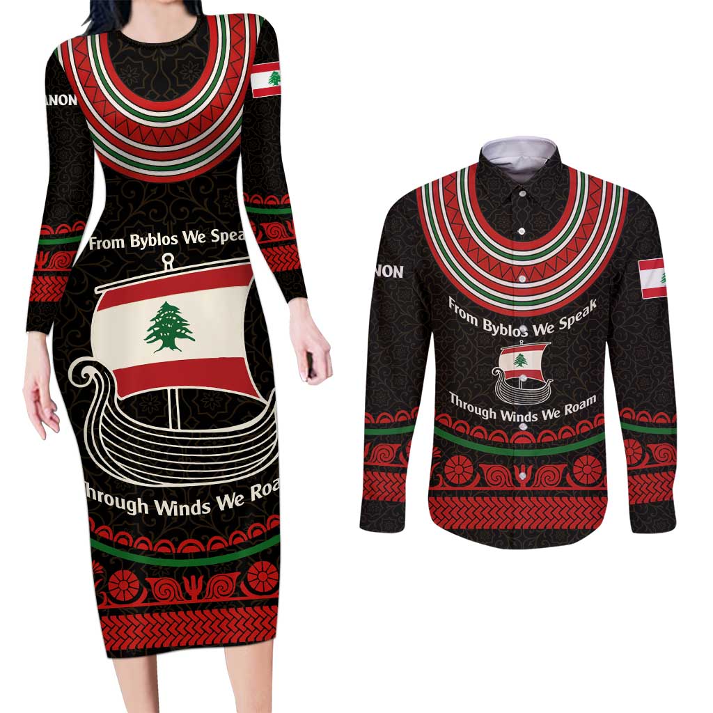 Lebanon Phoenician Ship Couples Matching Long Sleeve Bodycon Dress and Long Sleeve Button Shirt with Byblos Heritage and Cedar Sail Design
