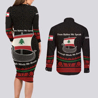 Lebanon Phoenician Ship Couples Matching Long Sleeve Bodycon Dress and Long Sleeve Button Shirt with Byblos Heritage and Cedar Sail Design