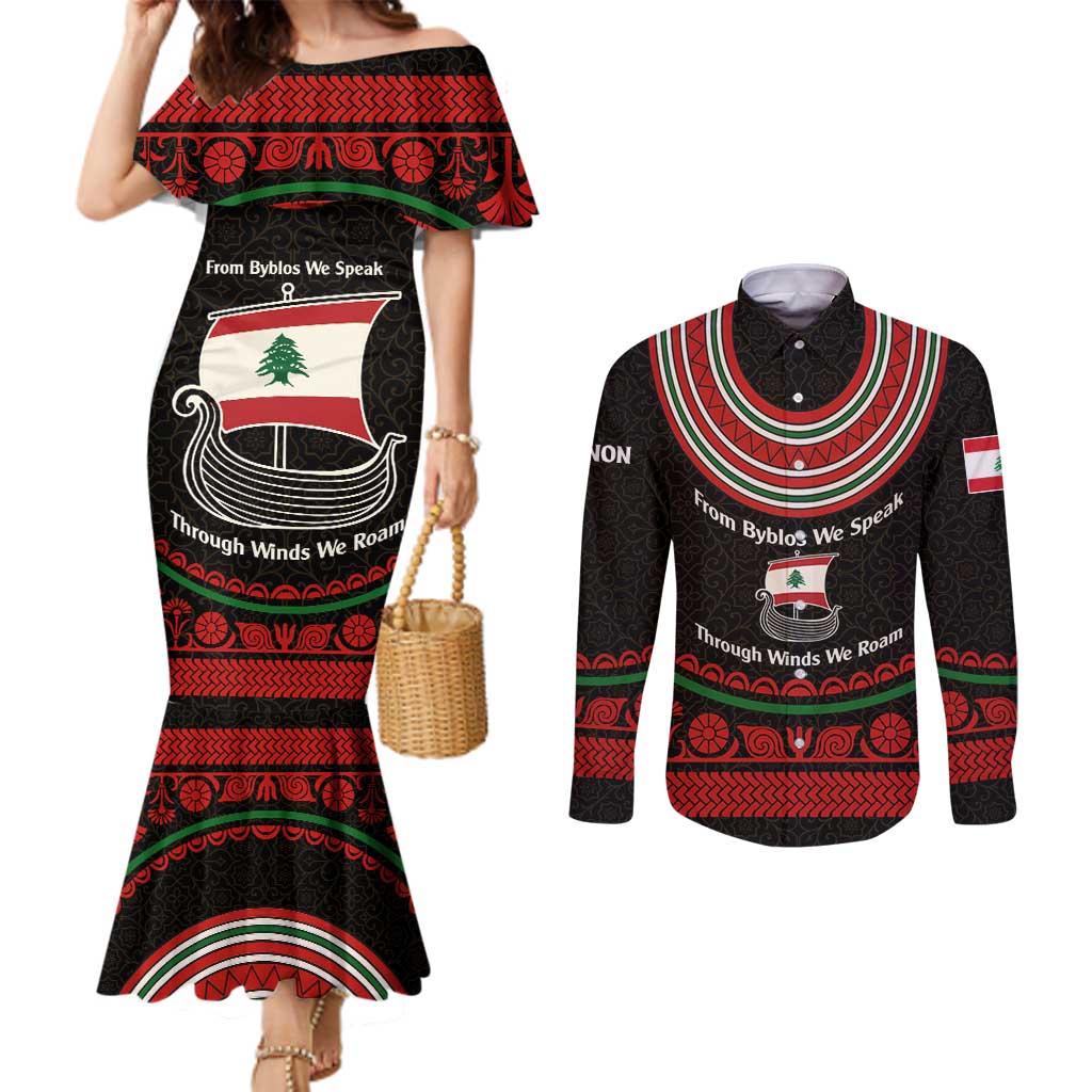 Lebanon Phoenician Ship Couples Matching Mermaid Dress and Long Sleeve Button Shirt with Byblos Heritage and Cedar Sail Design