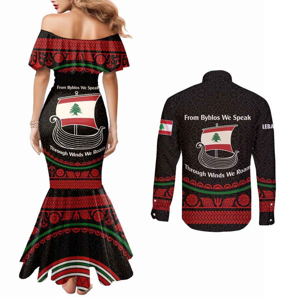 Lebanon Phoenician Ship Couples Matching Mermaid Dress and Long Sleeve Button Shirt with Byblos Heritage and Cedar Sail Design