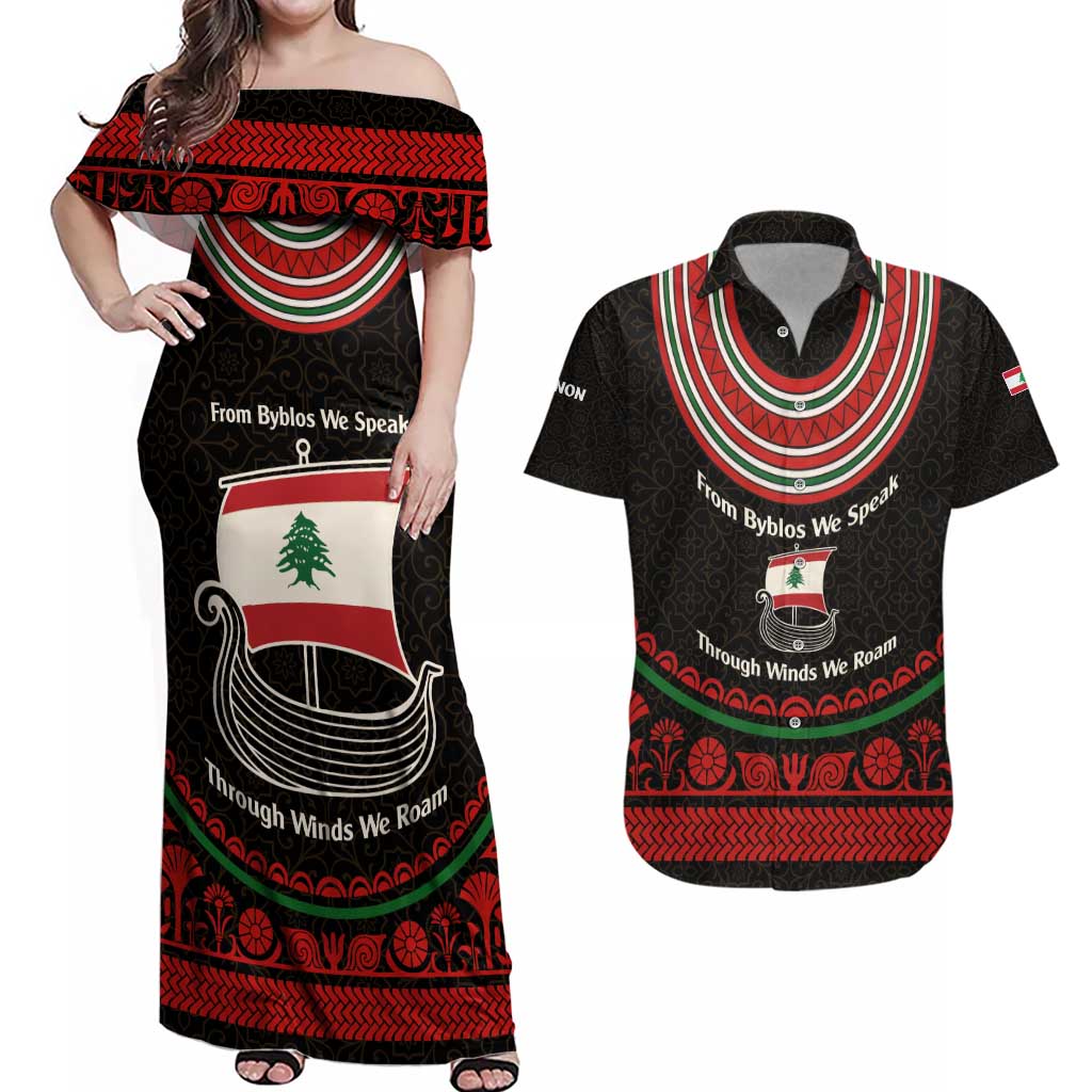 Lebanon Phoenician Ship Couples Matching Off Shoulder Maxi Dress and Hawaiian Shirt with Byblos Heritage and Cedar Sail Design
