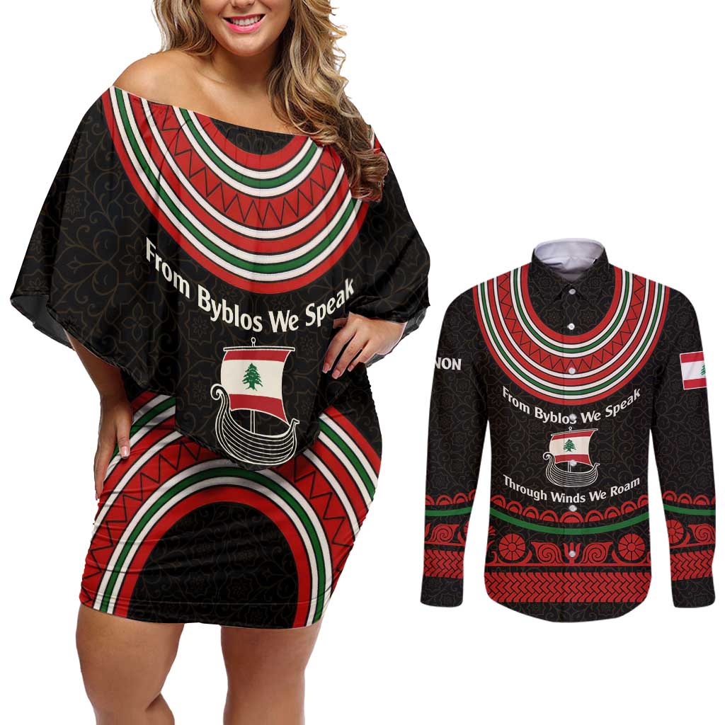 Lebanon Phoenician Ship Couples Matching Off Shoulder Short Dress and Long Sleeve Button Shirt with Byblos Heritage and Cedar Sail Design