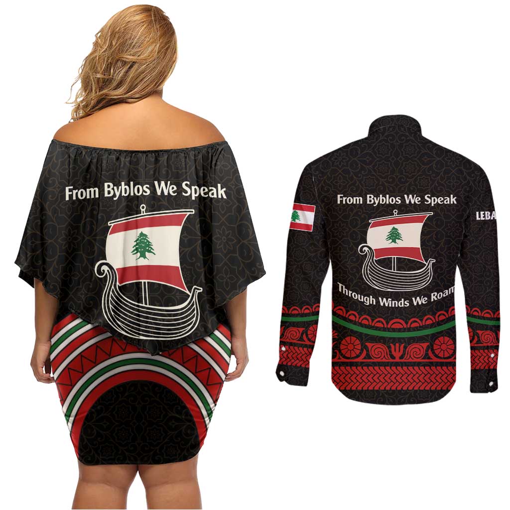 Lebanon Phoenician Ship Couples Matching Off Shoulder Short Dress and Long Sleeve Button Shirt with Byblos Heritage and Cedar Sail Design