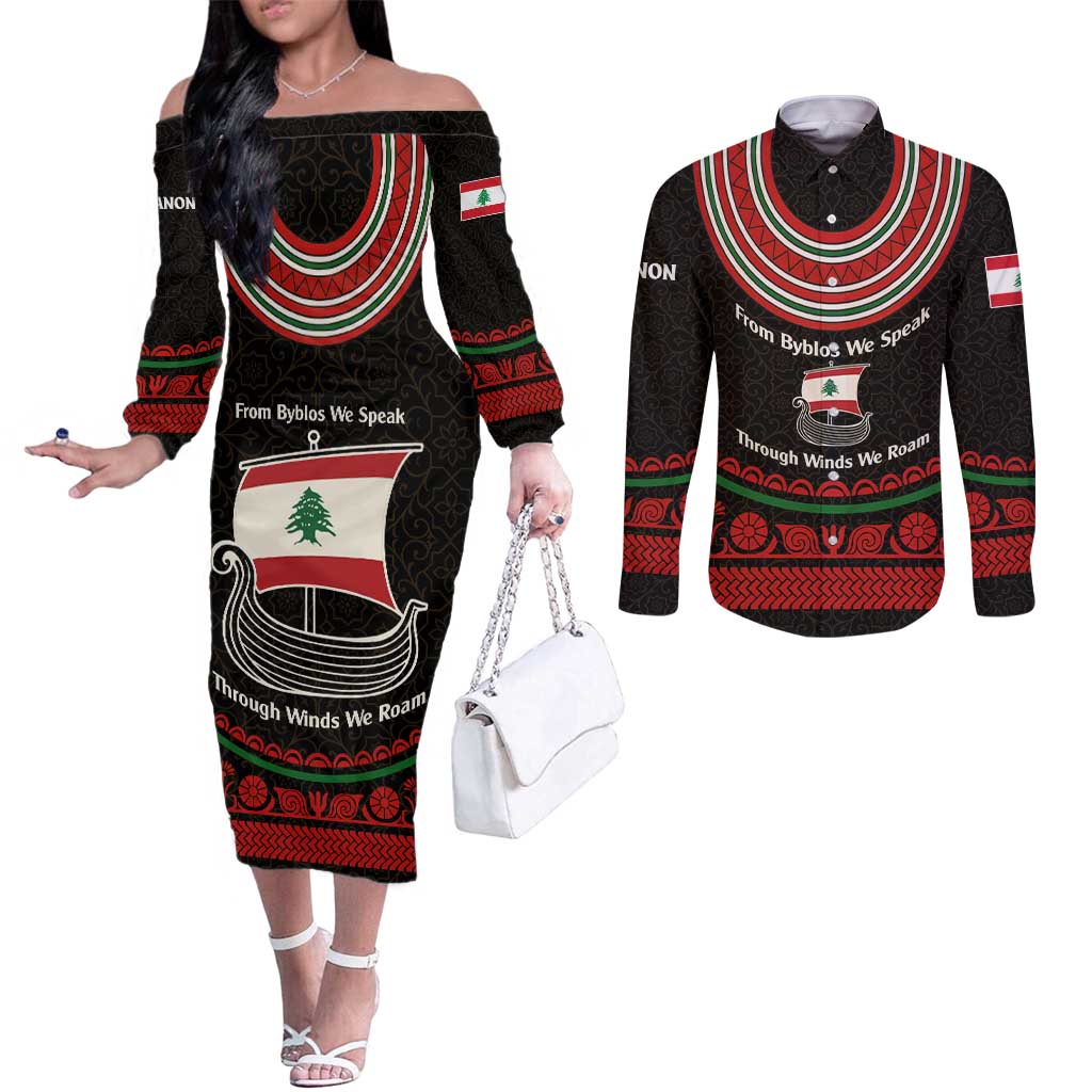 Lebanon Phoenician Ship Couples Matching Off The Shoulder Long Sleeve Dress and Long Sleeve Button Shirt with Byblos Heritage and Cedar Sail Design